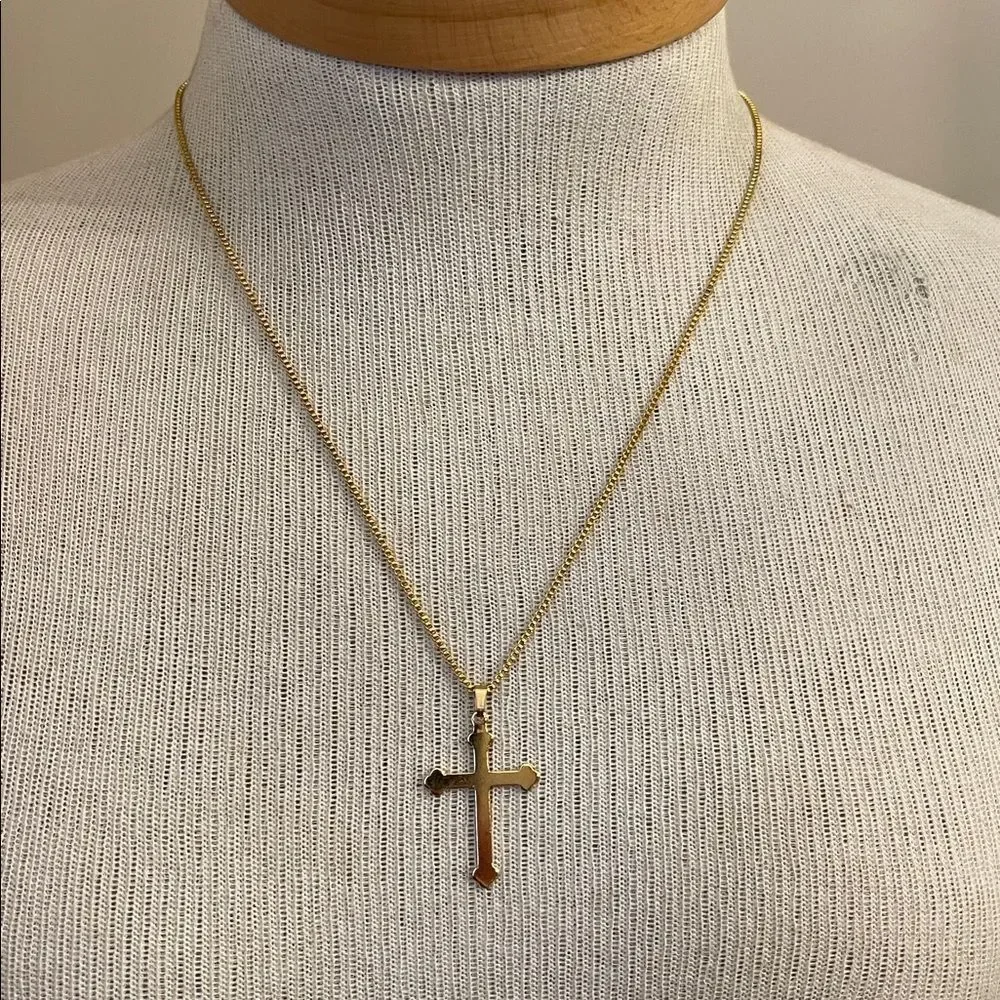 Vintage Gold-tone Cross Pendant on a Square Box Link Style Chain 20.25” approx
